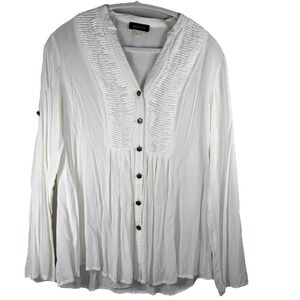 SPENSE Women's White Med Long Pleated V Neck Tunic Top Cottage Core Roll Sleeve